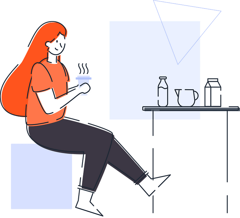 Ilustración de una mujer sosteniendo una taza de café en la mano frente a una mesa.