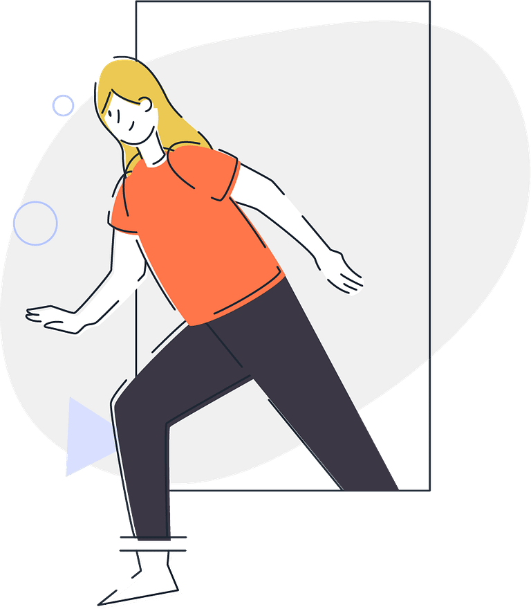 Ilustración de una mujer saliendo de un cuadrado y caminando.